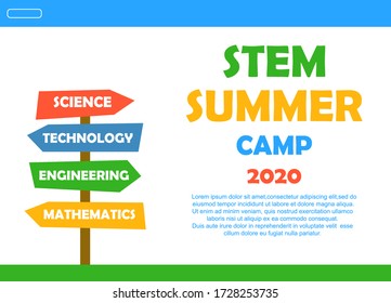 STEM educational kids summer camp. Colorful poster. Science, technology, engineering, mathematics. Education Concept. Flat Vector.