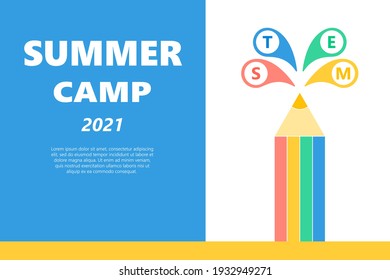 Campamento de verano de niños con educación básica básica. Afiche colorido. Ciencia, tecnología, ingeniería, matemáticas. Concepto de educación. Vector plano.