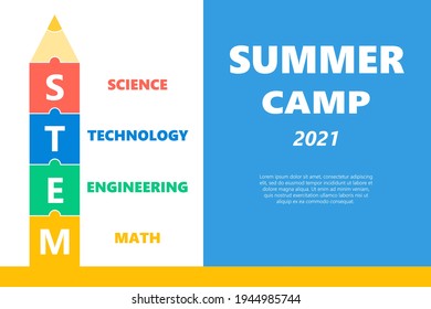 STEM Educational Kids Summer Camp. Colorful Poster. Science, Technology, Engineering, Mathematics. Education Concept. Flat Vector.