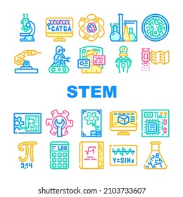 Stem Engineer Process And Science Icons Set Vector. Educational Book And Trigonometry Formula, Stem Engineering Processing And Laboratory Researching, Software And Technology Line. Color Illustrations