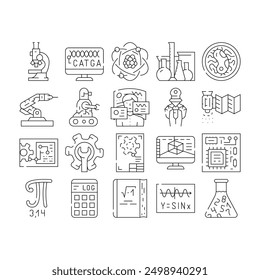 Vector De Conjunto De Iconos De Proceso Y Ciencia De Ingeniero De Vástago. Fórmula Educativa De Libro Y Trigonometría, Procesamiento De Ingeniería De Tallos E Investigación De Laboratorio, Tecnología De Software Ilustraciones De Contorno Negro