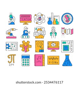 Processo De Engenharia De Tronco E Ícones De Ciência Definem Vetor. Livro Educacional E Fórmula De Trigonometria, Processamento De Engenharia De Caule E Pesquisa De Laboratório, Tecnologia De Software Ilustrações De Contorno De Cor