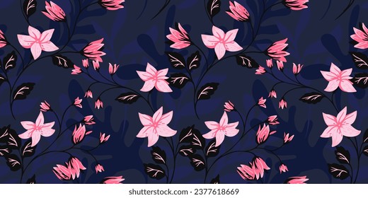 Stem flowers, buds, leaves blossoms seamless pattern. Vector hand drawn. Artistic, abstract branches floral and leaves, dark print. Template for design, fabric, fashion, textile, wallpaper