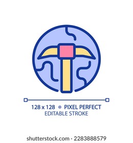 STEM in geology pixel perfect RGB color icon. Mineral deposits searching. Ore extraction technology. Education course. Isolated vector illustration. Simple filled line drawing. Editable stroke