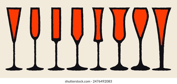 Stem glasses for alcohol drinks. Wine, champagne, cocktail glass set. Vector illustration with texture. Silhouette drawing of glasses