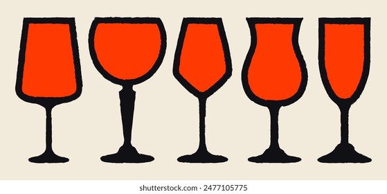 Stängelgläser für alkoholische Getränke. Wein- und Cocktailglas-Set. Vektorillustration mit Textur. Silhouettenzeichnung von Gläsern