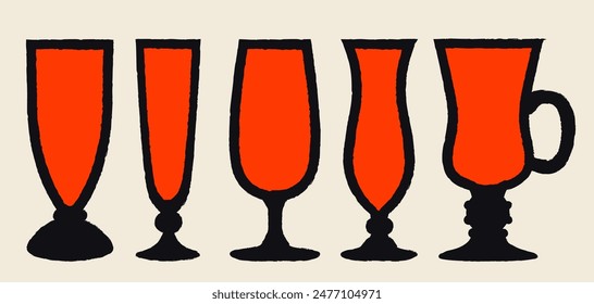 Stem glasses for alcohol and non-alcoholic drinks. Cocktail glass set. Vector illustration with texture. Silhouette drawing of glasses. Glass with handle