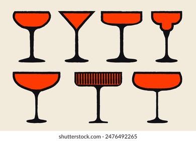 Stem glasses for alcoholic and non-alcoholic drinks. Margarita and tequila glass set. Vector illustration with texture. Silhouette drawing of glasses