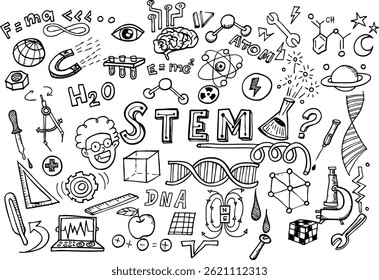 Conjunto de bocetos dibujados a mano "STEM", ilustración de garabatos de educación de Ciencia.