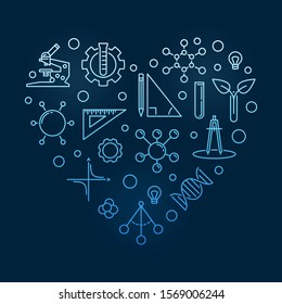 STEM Heart vector concept blue linear illustration - Science, Technology, Engineering and Math outline icons in heart shape on dark background