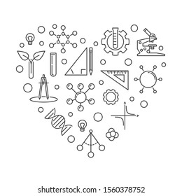 STEM Heart vector concept outline illustration. Science, Technology, Engineering and Mathematics linear icons in heart shape