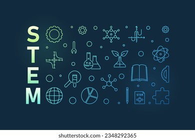 STEM horizontal colorful banner in outline style. Science concept linear illustration with dark background