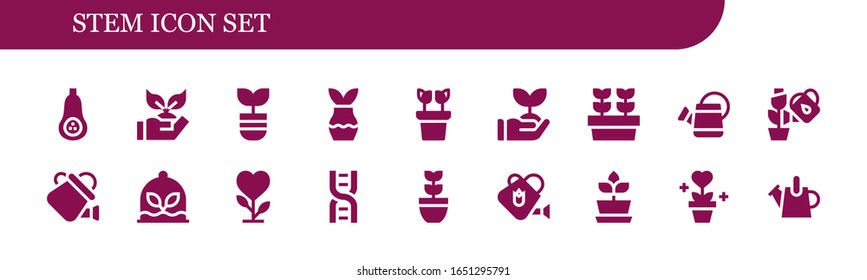 conjunto de iconos del sistema. 18 iconos de tallo rellenos.  Iconos modernos sencillos, como: Escasez de mariscos, Plantar, Planta, Sprout, Plantas, Aguas, Adn