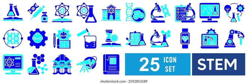 STEM icon set with chemistry, syringe, book, chemical reaction, laboratory, cell, microscope slides, research