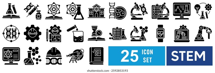 STEM icon set with chemistry, syringe, book, chemical reaction, laboratory, cell, microscope slides, research