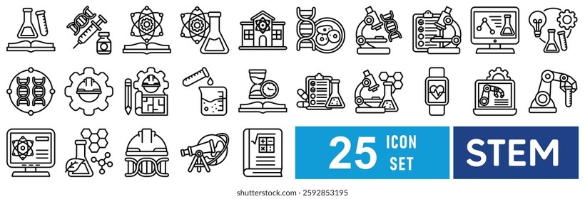 STEM icon set with chemistry, syringe, book, chemical reaction, laboratory, cell, microscope slides, research