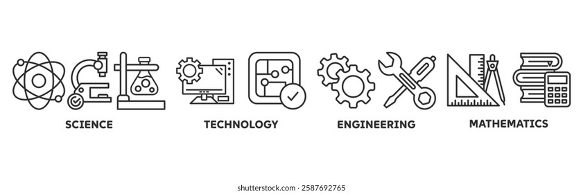 STEM icon set illustration concept for science, technology, engineering, mathematics education with icon of flask, microscope, artificial intelligence, processor, machine, and calculator