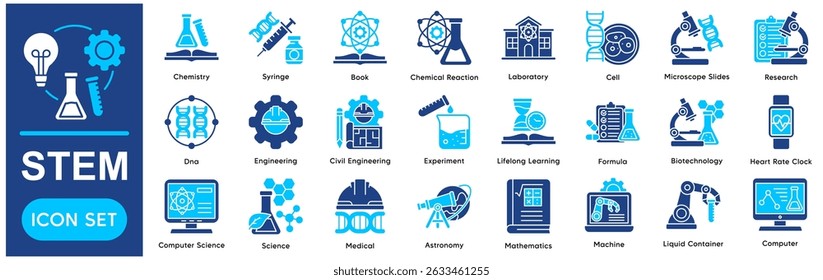 STEM Icons Collection related to Science, Technology, Engineering, Mathematics, Chemistry, Syringe, Book, Chemical Reaction, Laboratory.