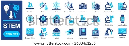 STEM Icons Collection related to Science, Technology, Engineering, Mathematics, Chemistry, Syringe, Book, Chemical Reaction, Laboratory.