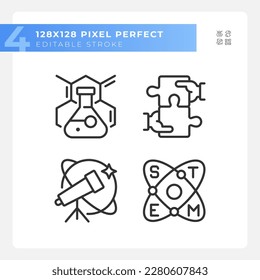 STEM impact on education pixel perfect linear icons set. Innovative technology of research. Development. Customizable thin line symbols. Isolated vector outline illustrations. Editable stroke
