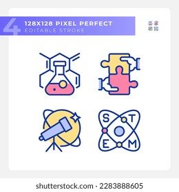 STEM impact on education pixel perfect RGB color icons set. Innovative technology of research. Development. Isolated vector illustrations. Simple filled line drawings collection. Editable stroke