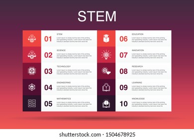 STEM Infographic 10 option template.science, technology, engineering, mathematics icons
