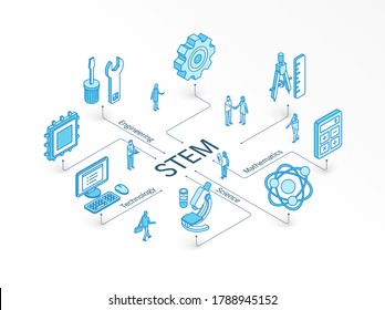 STEM isometric concept. Connected line 3d icons. Integrated infographic design system. People teamwork. Science, Technology, Engineering, Mathematics symbols. Math study, education, learning pictogram