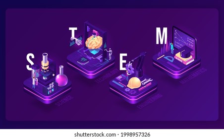 Stem isometric concept, science, technology, engineering and mathematics research. Scientific laboratory, ai robot, engineer on factory and student learn math on 3d platforms, vector illustration