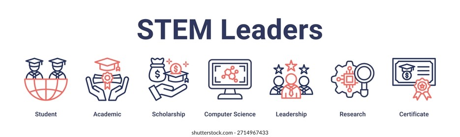 STEM Leaders Banner Web-Icon Vektorgrafik-Konzept für Bildung mit Icon von Student, Akademiker, Stipendium, Informatik, Führung, Forschung.
