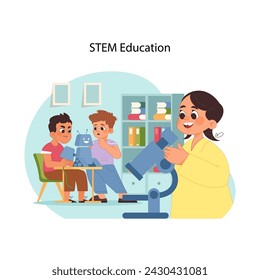 STEM learning concept. Eager students experiment with robotics, while young girl looks through microscope. Hands-on engagement in science and technology education. Flat vector illustration