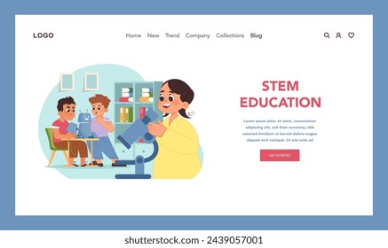 STEM learning concept. Eager students experiment with robotics, while young girl looks through microscope. Hands-on engagement in science and technology education. Flat vector illustration
