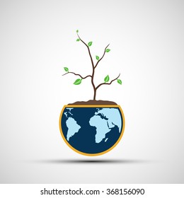 Stem with leaves growing in a flower pot. Eco icon. Stock vector illustration.