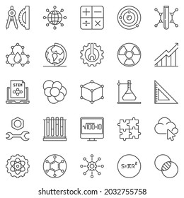STEM line icons set - Science, Technology, Engineering and Math education outline vector concept symbols collection