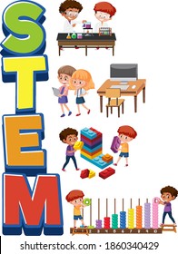 Stem logo with kids and education objects isolated illustration