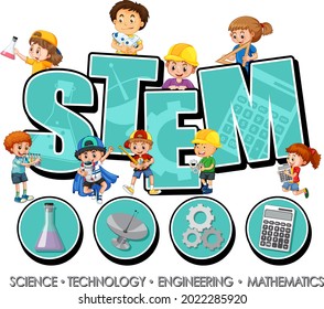 Logo STEM con muchos hijos e iconos de aprendizaje