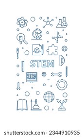 STEM minimal thin line banner - Science concept linear vertical blue illustration on white background