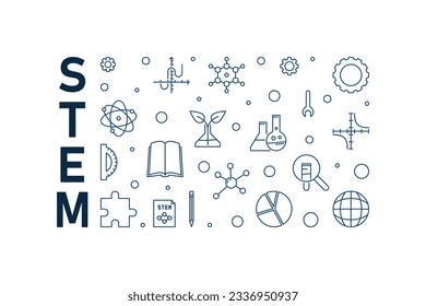 STEM minimal thin line blue banner - Science concept linear horizontal illustration on white background