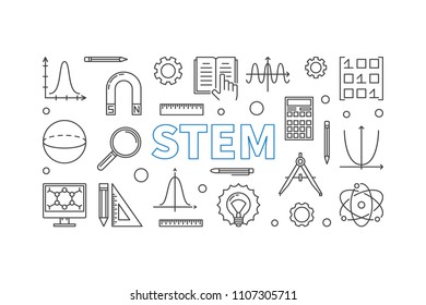 STEM modern horizontal banner in outline style. Vector science, technology, engineering, math linear illustration