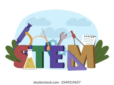 Stem object poster. Science, technology, engineering, and mathematics. Education and learning, training. Large microscope, wrench and flask with reagent. Flat vector illustration