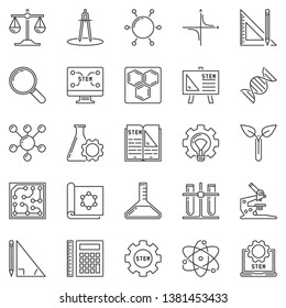 STEM outline icons set. Vector Science, Technology, Engineering and Mathematics concept symbols or design elements