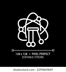 STEM in physics pixel perfect white linear icon for dark theme. Subject learning with interest. Education development. Thin line illustration. Isolated symbol for night mode. Editable stroke