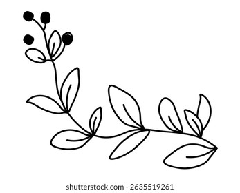 Stem of plant with leaves and flowers. Seasonal ornamental plant. Decoration for postcards, posters, business cards, invitations. Nice ornament. One icon isolated on  white background.