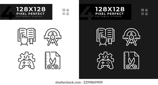 STEM related subjects pixel perfect linear icons set for dark, light mode. Alternative techniques of learning. Thin line symbols for night, day theme. Isolated illustrations. Editable stroke