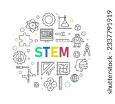 STEM round minimal vector creative illustration - Science banner in outline style