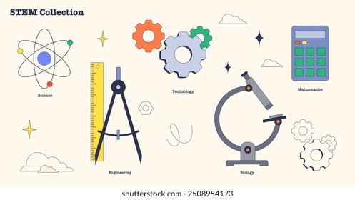 STEM as science, engineering, technology, biology and mathematics knowledge complex neubrutalism collection set. Labeled elements with education field for university studies vector illustration.