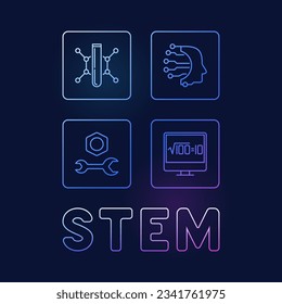 Banner cuadrado coloreado de concepto de línea de ciencia STEM con 4 signos - Ciencia, tecnología, ingeniería y matemáticas de color lineal Ilustración con fondo oscuro