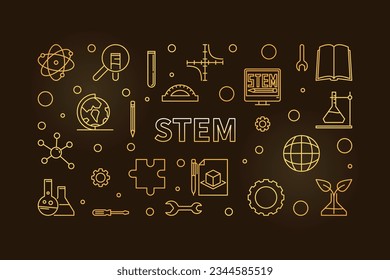 STEM Science line concept golden horizontal banner. Science, Technology, Engineering and Math vector linear colored Illustration with dark background