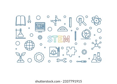 STEM Science outline concept banner. Science, Technology, Engineering and Math vector horizontal Illustration on dark background