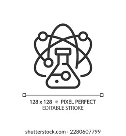 STEM in science pixel perfect linear icon. Data mining technology in education. Researching methods for students. Thin line illustration. Contour symbol. Vector outline drawing. Editable stroke