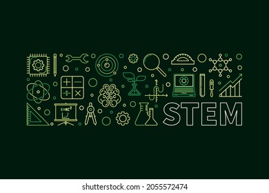 STEM Science, Technology, Engineering and Math vector horizontal modern green banner or illustration in thin line style 